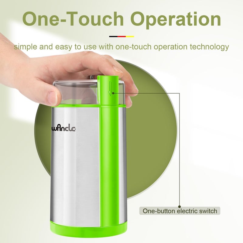 wancle Coffee Grinder, Electric Coffee Grinder, Quiet Spice Grinder, One Touch Coffee Mill for Beans, Spices and More, with Clean Brush (Green+Stainless Steel+Green) - Image 4
